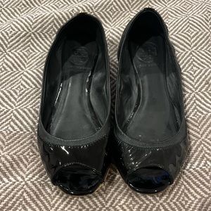 Tory Burch shiny patent leather open toe ballet flats